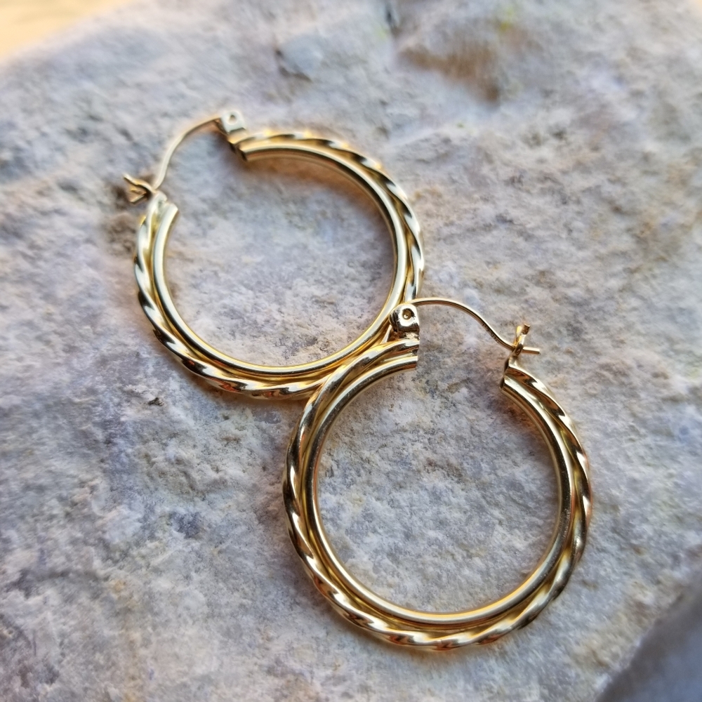 Solid 14k Yellow Gold Double Hoops - image 2